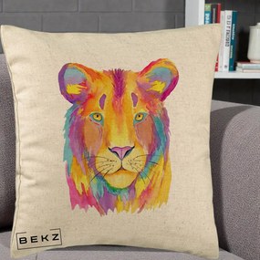 Perna Decorativa Leu Acuarela Curcubeu, 40x40 cm, Bej, Husa Detasabila, Perna Inclusa, BEKZ®