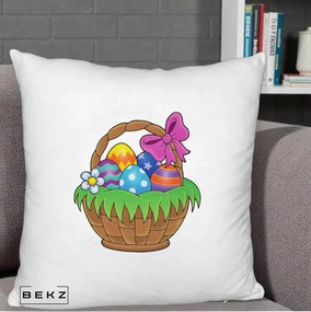 Perna Decorativa Cos cu Oua de Pasti Colorat, 40x40 cm, Alb Pufos, Husa Detasabila, Perna Inclusa, BEKZ®