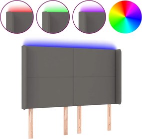 vidaXL Tăblie de pat cu LED, gri, 147x16x118/128 cm, piele ecologică
