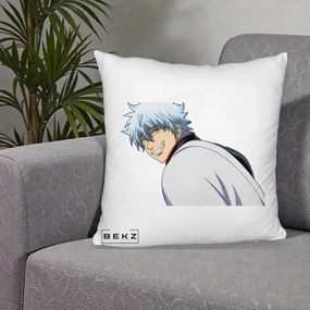 Perna Personalizata Gintama Gintoki Portret cu Zambet, 40x40 cm, Alb Pufos, Husa Detasabila, Perna Inclusa, BEKZ®