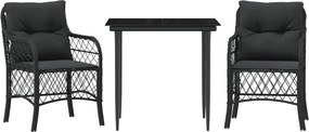 vidaXL Set bistro cu perne, 3 piese, negru, poliratan
