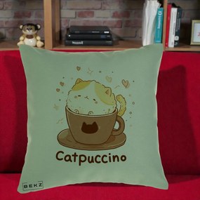 Perna Decorativa Catpuccino Pisica Cappuccino, 40x40 cm, Verde, Husa Detasabila, Perna Inclusa, BEKZ®