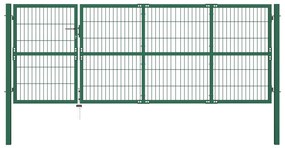 Poarta gard de gradina cu stalpi, verde, 350 x 120 cm, otel Verde, 120 cm