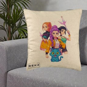 Perna Personalizata K-pop HUNTRX Trio cu Pisica si Cristale, 40x40 cm, Bej, Husa Detasabila, Perna Inclusa, BEKZ®