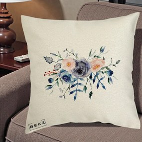 Perna Decorativa Buchet Flori Albastre Acuarela, 40x40 cm, Ecru, Husa Detasabila, Perna Inclusa, BEKZ®