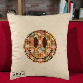 Perna Decorativa Smiley Face de Toamna cu Tartan si Dovlecei, 40x40 cm, Bej, Husa Detasabila, Perna Inclusa, BEKZ®