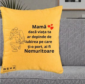 Cadou pentru Mama - Perna Personalizata Mama Nemuritoare Portret Graphic, 40x40 cm, Galben, Husa Detasabila, Perna Inclusa, BEKZ®
