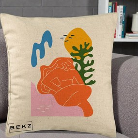 Perna Decorativa Femeie Portocalie Relaxata, 40x40 cm, Bej, Husa Detasabila, Perna Inclusa, BEKZ®