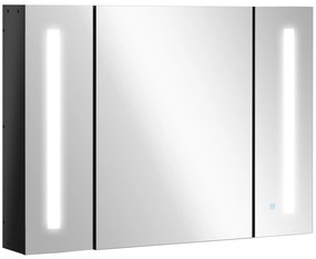 Dulap de baie LED cu oglinda Kleankin, Organizator de depozitare reglabil montat pe perete cu 3 usi cu oglinda si rafturi reglabile, Functie de memorare, incarcare USB, Negru lucios