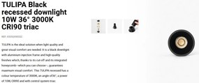 Spot LED incastrabil TULIPA Black recessed downlight 10W 36° 3000K CRI90 triac