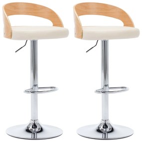 283147 vidaXL Scaune de bar, 2 buc., crem, piele ecologică și lemn curbat