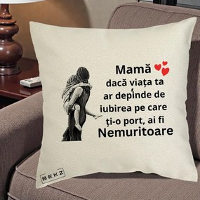 Cadou pentru Mama - Perna Personalizata Mama Nemuritoare Gravura Vintage, 40x40 cm, Ecru, Husa Detasabila, Perna Inclusa, BEKZ®