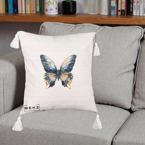 Perna Decorativa Fluture Albastru Auriu Elegant, 40x40 cm, Bej cu Franjuri, Husa Detasabila, Perna Inclusa, BEKZ®