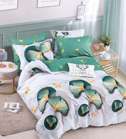 Set Lenjerie de Pat cu 2 Fete, Bumbac Tip Finet , 6 Piese, Pat 2 Persoane, Alb / Verde, FNJ-313