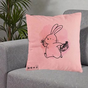 Perna Decorativa Iepuras Kawaii cu Cosulet Floral, 40x40 cm, Roz, Husa Detasabila, Perna Inclusa, BEKZ®