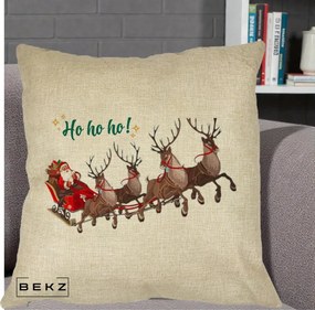 Perna Decorativa Ho Ho Ho Mos Craciun cu Sanie si Reni, 40x40 cm, Crem, Husa Detasabila, Perna Inclusa, BEKZ®