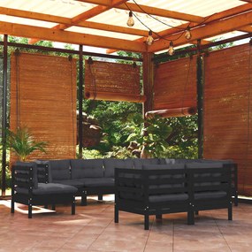 3096771 vidaXL Set mobilier grădină cu perne, 9 piese, negru, lemn masiv pin