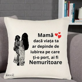 Cadou pentru Mama - Perna Personalizata Mama Nemuritoare Imbratisare, 40x40 cm, Crem Reliefat, Husa Detasabila, Perna Inclusa, BEKZ®