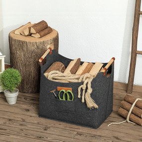 Outsunny Sac din Fetru pentru Lemne de Foc, Coș Portalemne de Interior cu Mânere din Lemn, Coș Multiuz pentru Pături, Reviste și Bucșe de Lemn, 45x32x40 cm, Gri Închis | Aosom Romania