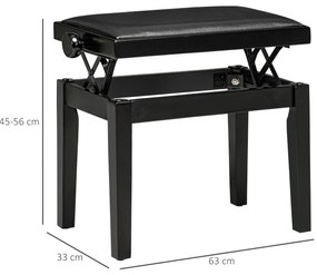 HOMCOM Banc de pian, scaun de pian, reglabil în înălțime, elegant și lucios, piele ecologică + lemn cauciuc, negru, 63 x 33 x 56 cm | Aosom Romania
