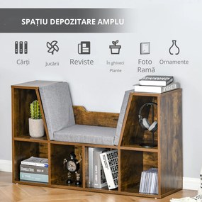 HOMCOM Bibliotecă-bancă 2 în 1 cu perne de șezut, etajeră cub cu 6 compartimente deschise, 102 x 30 x 61 cm, maro rustic | Aosom Romania