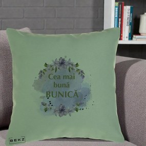 Cadou pentru Bunica - Perna Personalizata Cea Mai Buna Bunica Flori Mov Acuarela Auriu, 40x40 cm, Verde, Husa Detasabila, Perna Inclusa, BEKZ®