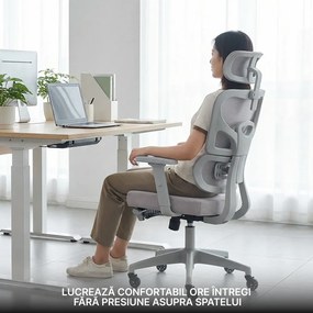Scaun ergonomic, cotiere 3D, suport lombar adaptiv, spătar reglabil pe inaltime, tetiera 3D, suport pentru picioare, pivotant, Mesh, Gri