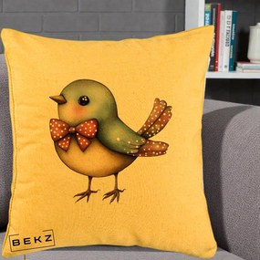Perna Decorativa Pasare Bleu cu Fundita Rosie, 40x40 cm, Galben, Husa Detasabila, Perna Inclusa, BEKZ®