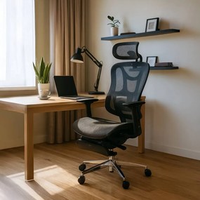 Scaun ergonomic de birou negru din mesh cu suport pentru picioare și tetieră ajustabilă SYYT 9519