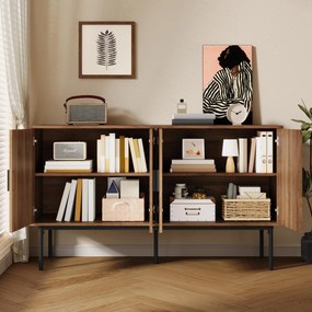 Bufet modern cu ratan, cu 4 uși și mult spațiu de depozitare, design retro-natural, 140x40x80 cm, Culoare naturală