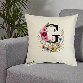 Cadou Personalizat - Perna Personalizata Monogram Litera G cu Flori Acuarela, 40x40 cm, Ecru, Husa Detasabila, Perna Inclusa, BEKZ®