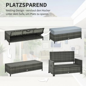 Outsunny Canapea de grădină cu funcție de șezlong, taburet extensibil cu spațiu de depozitare, perne pentru șezut, gri, 130 x 72 x 96 cm | Aosom Romania