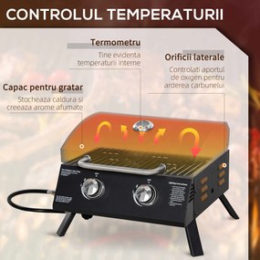 Gratar pe gaz cu 2 arzatoare Outsunny, portabil pliabil, termometru, otel carbon, Negru | Aosom Romania