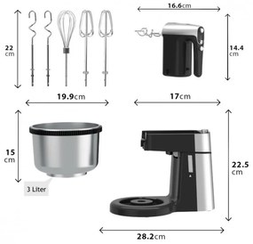 Mixer cu bol Royalty Line cu bol RL-HM19015, 700W, 6 palete, 3 L, Turbo, 5 viteze, Negru/Inox