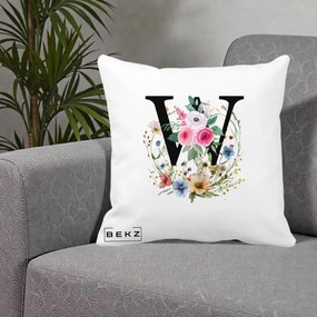 Cadou Personalizat - Perna Personalizata Monograma Florala Litera W, 40x40 cm, Alba Mata, Husa Detasabila, Perna Inclusa, BEKZ®