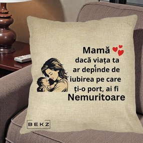 Cadou pentru Mama - Perna Personalizata Mama Nemuritoare Aproape de Bebe, 40x40 cm, Crem, Husa Detasabila, Perna Inclusa, BEKZ®