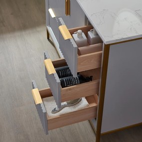 SET MOBILIER BAIE, DULAP LEMN 2 USI CU LAVOAR, BLAT GRANIT + OGLINDA RAMA ALUMINIU, CAIRO 106.6X55.8X86 CM, GRI/ALB/AURIU