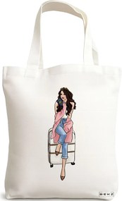Sacosa de Panza pentru Cumparaturi, Geanta Tote Travel Girl 3, 38x34.5 cm, Alba, BEKZ®