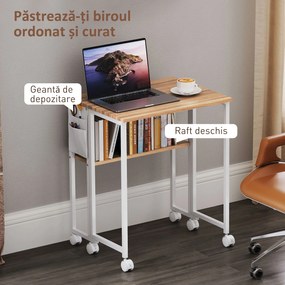 HOMCOM Birou Pliabil de 80 cm cu Raft de Depozitare și Blat Rabatabil pe Roți - Alb | Aosom Romania