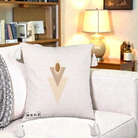 Perna Decorativa Boho Sun cu Triunghiuri Bej si Oval Solar, 40x40 cm, Bej cu Franjuri, Husa Detasabila, Perna Inclusa, BEKZ®