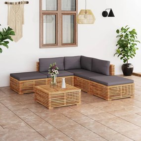 Set mobilier gradina cu perne 6 piese gri inchis lemn masiv tec Morke gra, Colt + 2x mijloc + 3x suport pentru picioare, 1