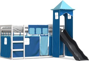 vidaXL Pat supraetajat cu tobogan și perdele, albastru, 80x200 cm