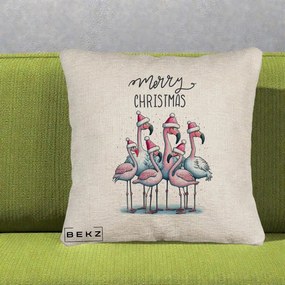 Perna Decorativa Flamingo Merry Christmas, 40x40 cm, Bej Canapea, Husa Detasabila, Perna Inclusa, BEKZ®