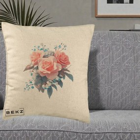 Perna Decorativa Trandafiri Roz cu Floricele Albastre, 40x40 cm, Bej, Husa Detasabila, Perna Inclusa, BEKZ®