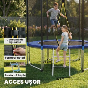 SPORTNOW Trambulină Elastică pentru Adulți Ø244cm, Covor Elastic pentru Adulți cu Plasă de Protecție, Scară cu 2 Trepte, Protecție pentru Arcuri, Structură din Oțel, Capacitate 100kg, Albastru | Aosom Romania