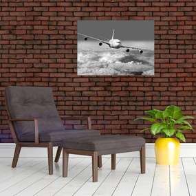 Tablou - Avion în nori, alb și negru (70x50 cm)