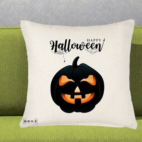 Perna Decorativa Happy Halloween Dovleac Negru cu Paianjen, 40x40 cm, Crem Reliefat, Husa Detasabila, Perna Inclusa, BEKZ®