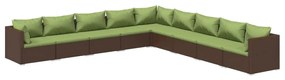 Set mobilier de gradina cu perne, 9 piese, maro, poliratan maro si verde, 3x colt + 6x mijloc, 1