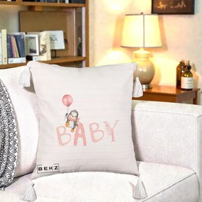 Perna Personalizata Baby Pinguin Roz, 40x40 cm, Bej cu Franjuri, Husa Detasabila, Perna Inclusa, BEKZ®