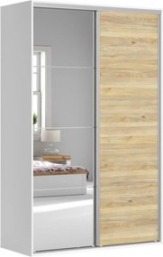 Dulap FLEX, alb/stejar, PAL, cu 2 usi si oglinda, 150x66x240 cm